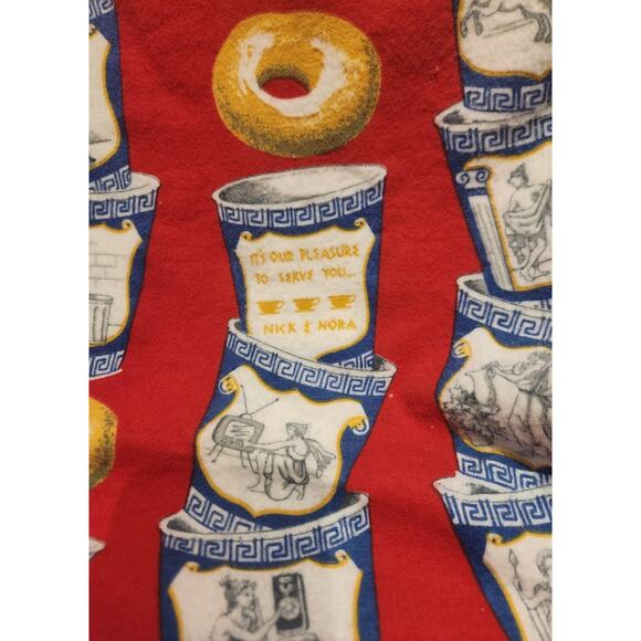 Nick & Nora Greek Coffee Cup NYC Flannel Fabric 2.4 Yds Red Bagels Anthora Print - Picture 2 of 8